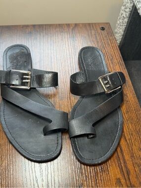 Black Leather Buckle Slide Sandals